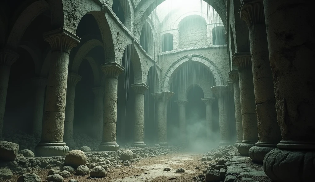 The interior of the ruin, filled with dust particles dancing in the faint light, cobwebs hanging from the ceiling.
