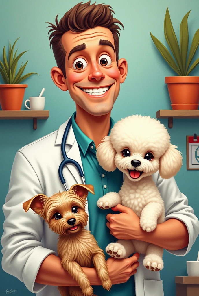 Draw a picture of a male veterinarian, with brown eyes and very short hair, holding two puppies, uma poodle branca e uma Yorkshire. The Yorkshire is a little smaller than the poodle, has ears standing up, upwards, and short hair. I want the drawing to be as unrealistic as possible., as if it had been made with crayons.