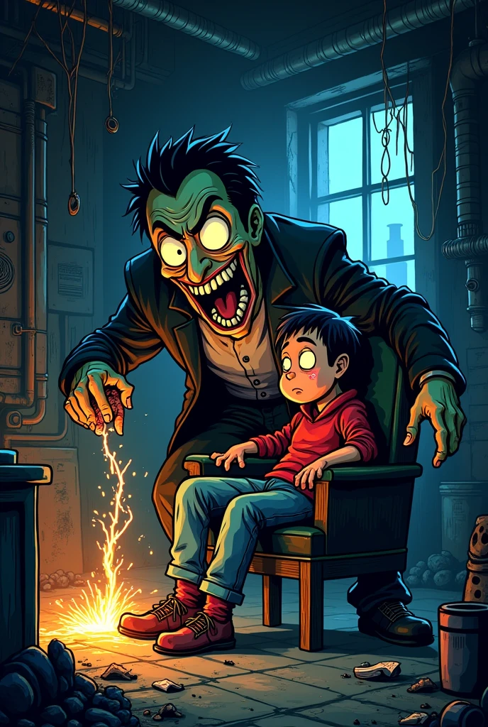 Someone is electrocuting a person with a cable in their hand, scary cartoon