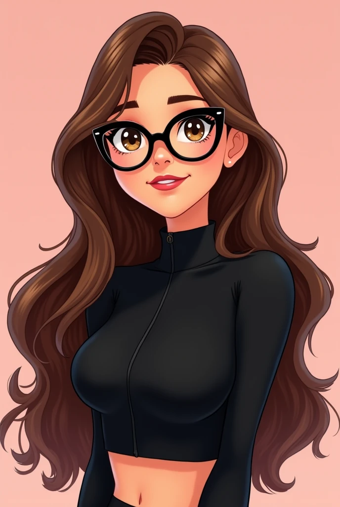I want you to make a Disney style drawing, of a brunette woman with long, flowing hair, com olhos castanhos, wearing black glasses. She is wearing a black turtleneck crop top.. 8k illustration and pastel pink background