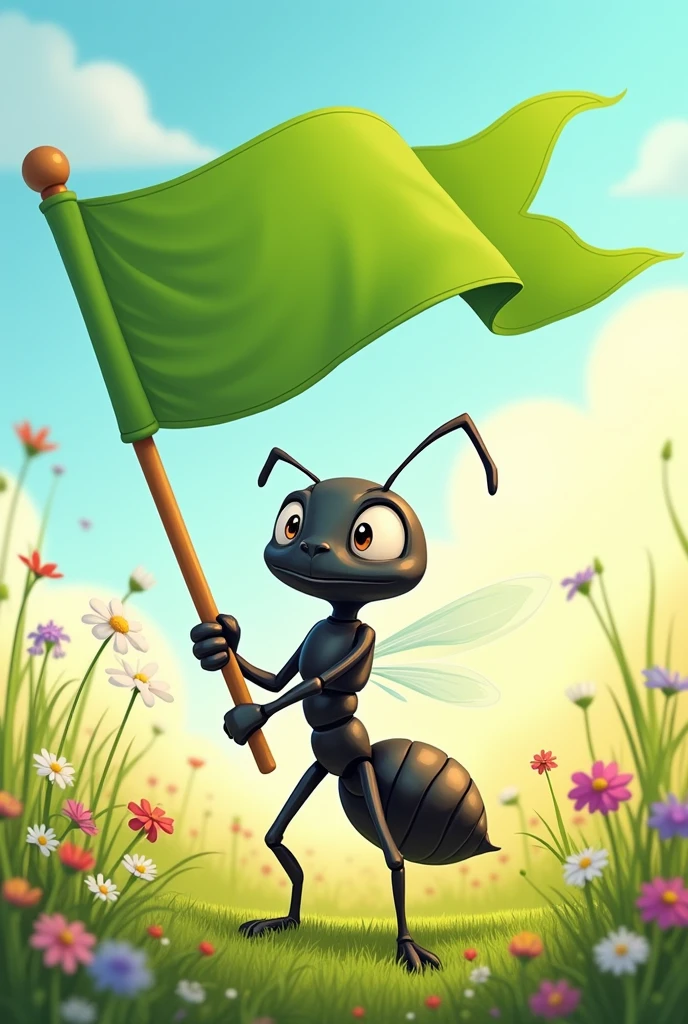 An ant in a drawing holding a green flag