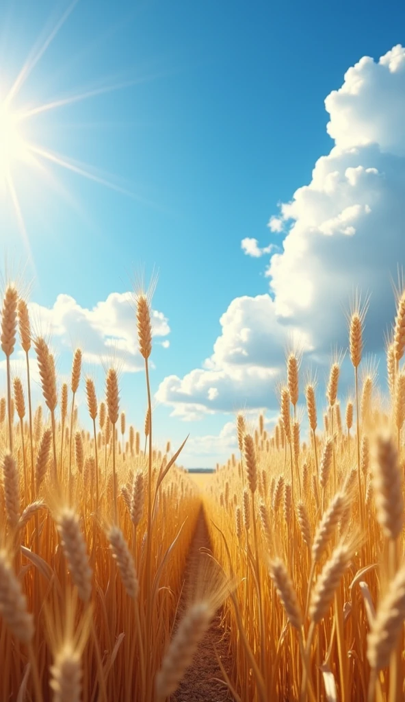 Masterpiece,Best Composition,High Resolution,Photorealistic,Summer Day Scene,Scottish Wheat Field,Fluttering in the Gentle Breeze,Looking Up from the Ground,Clear Sky,Sun,White Clouds,Wheat Colors Contrasted with Blue Sky.