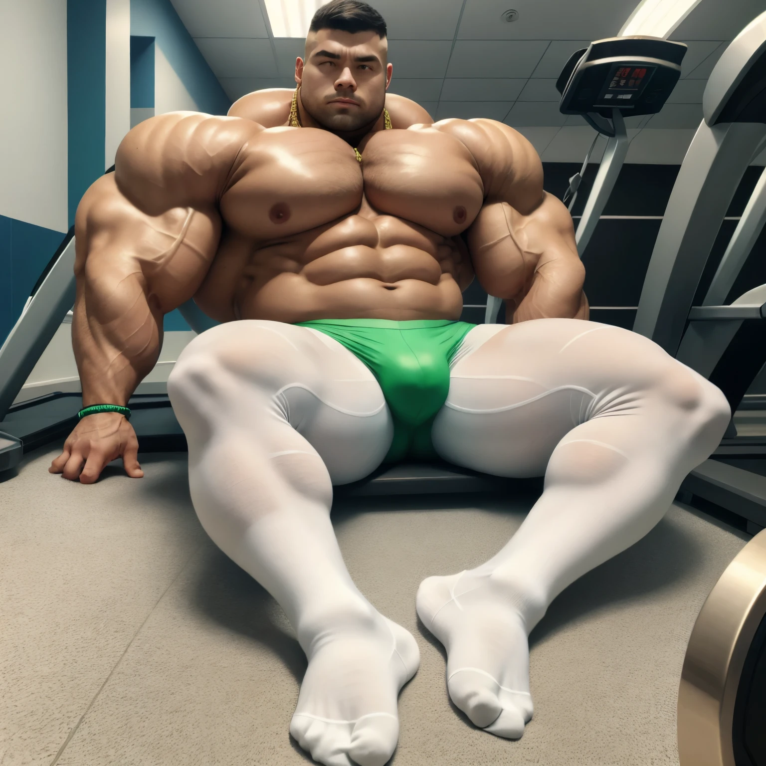 full view, full body, one handsome young artificially tanned white bald over-muscular man in white torn socks, shirtless wearing neon-green lycra leggings and white torn sheer socks, no shoes, gold chains, bracelets, rings, totally sprawled out on the floor in his white torn sheer socks next treadmill in gym, knocked out, badly beaten with marks of blows on face, his white torn sheer socks must be seen