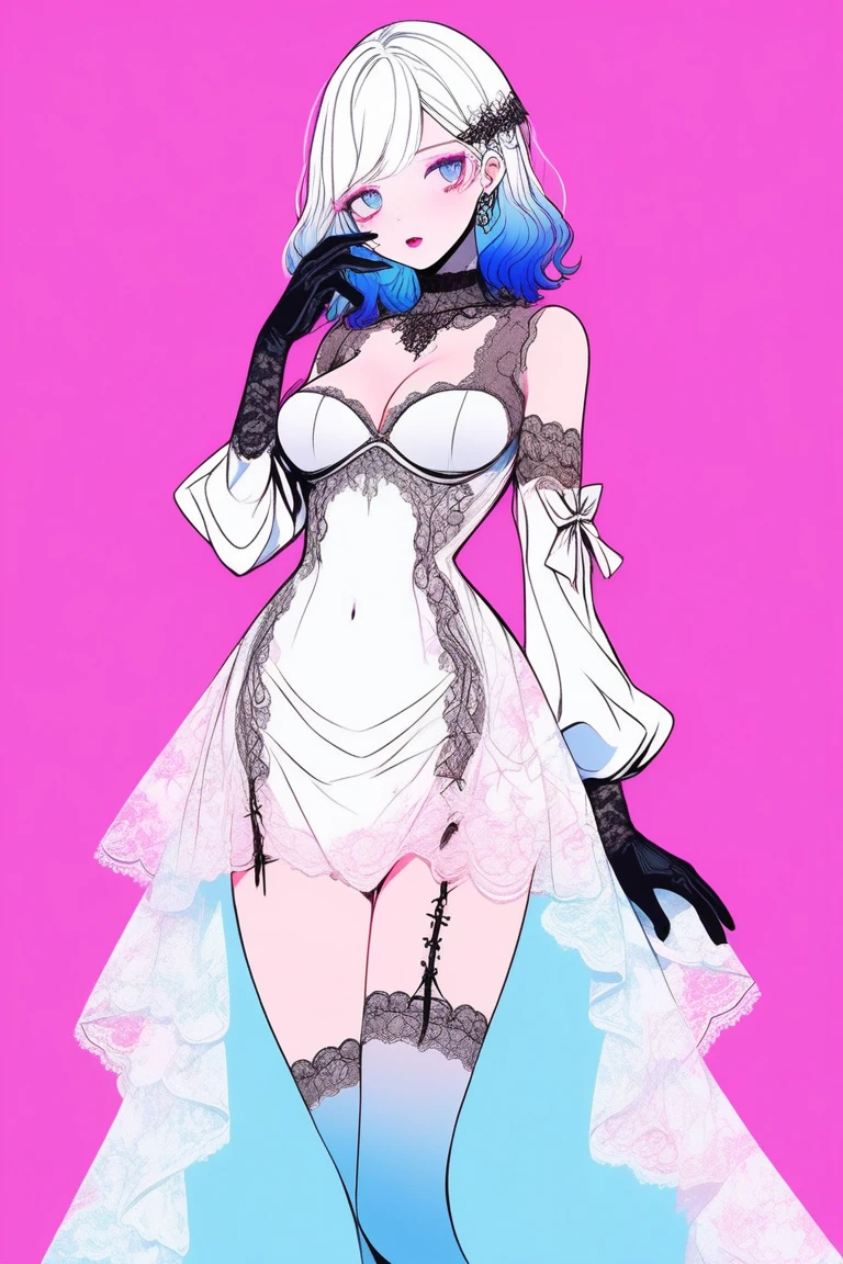 Illustrator, anime , Realistic , sketch , 1 person, model, lip, Plenty of lace and revealing details、Sheer gothic white dress., Lace gloves, order, Blue and pink gradient background, Neon colored hair, Big Breasts, Upper Body, Sexy pose、Texture Trim、Russia、（masterpiece、Highest quality）