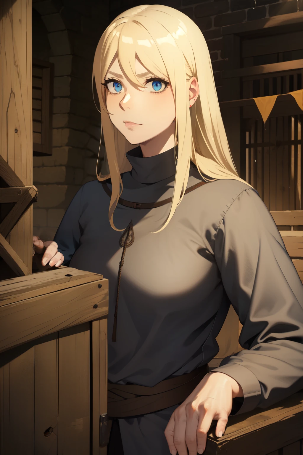 Dying from hunger, year 18, blonde hair, blue eyes, medieval, dark fantasy, exhausted, malnourished, dirty peasant apparel, burn village background