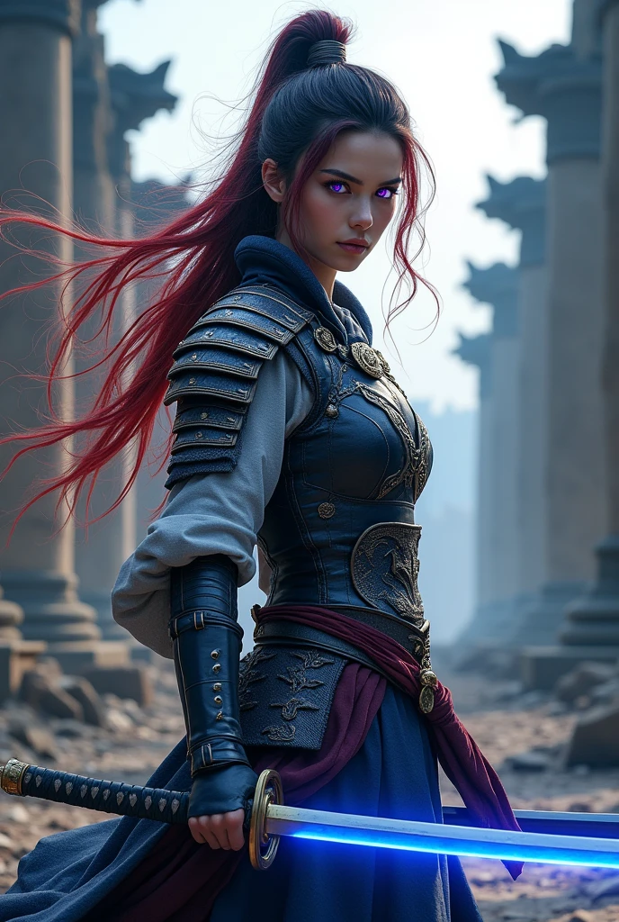 a beautiful detailed girl in a samurai outfit with katana, dark blue glowing katana, sharp and detailed, stunning figure, samurai belt with woven ropes, light armor, oni mask on the belt, vivid purple eyes, long hair in red and silver colors blowing in the wind, ancient ruins background with broken columns and tower, cinematic dramatic lighting, highly detailed, 8k, full length, wide shot, epic, masterpiece, best quality, ideal anatomy, highly aesthetic, official art