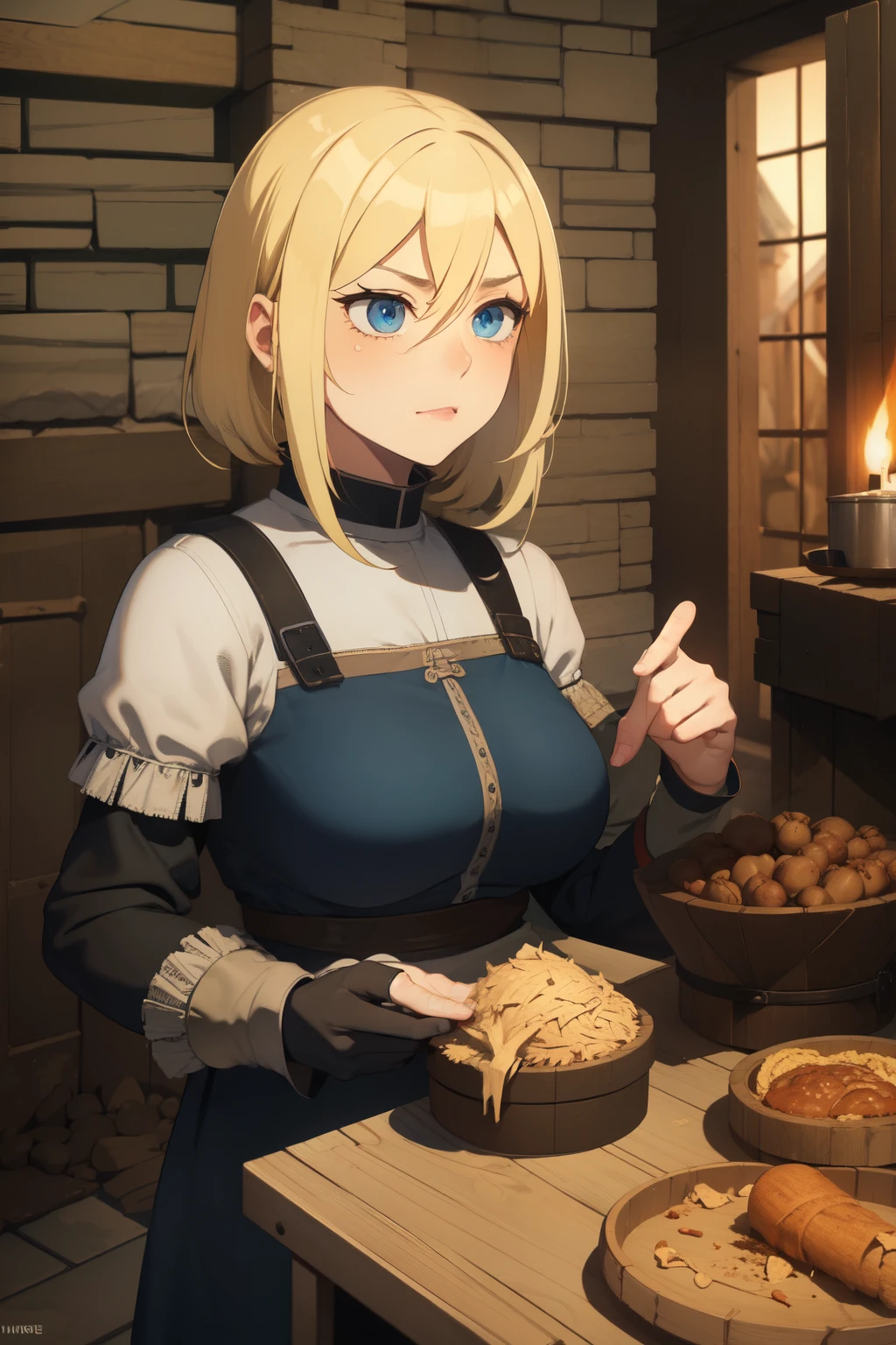 Dying from hunger, year 18, blonde hair, blue eyes, medieval, dark fantasy, exhausted, malnourished, dirty peasant apparel, burn village background