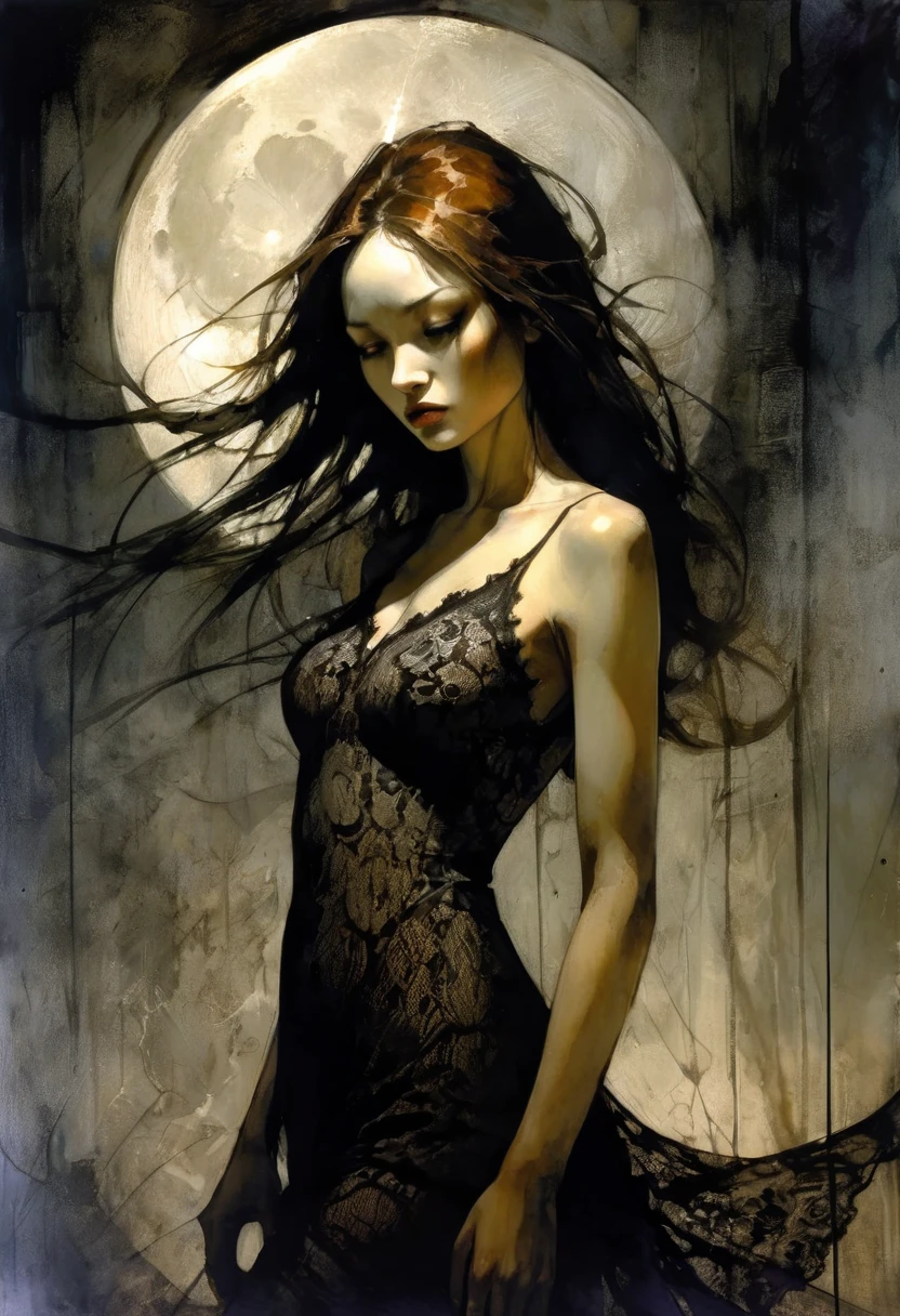 chiaroscuro technique on sensual illustration Illustration art, by IrinaKapi. Surrealism, vintage abstraction, girl with white raven and black roses, ultra details oh clothes, best quality, masterpiece, painting, concept art, emotionally, atmospheric, aesthetics of romanticism, represent transformation and the ability to see beyond the surface