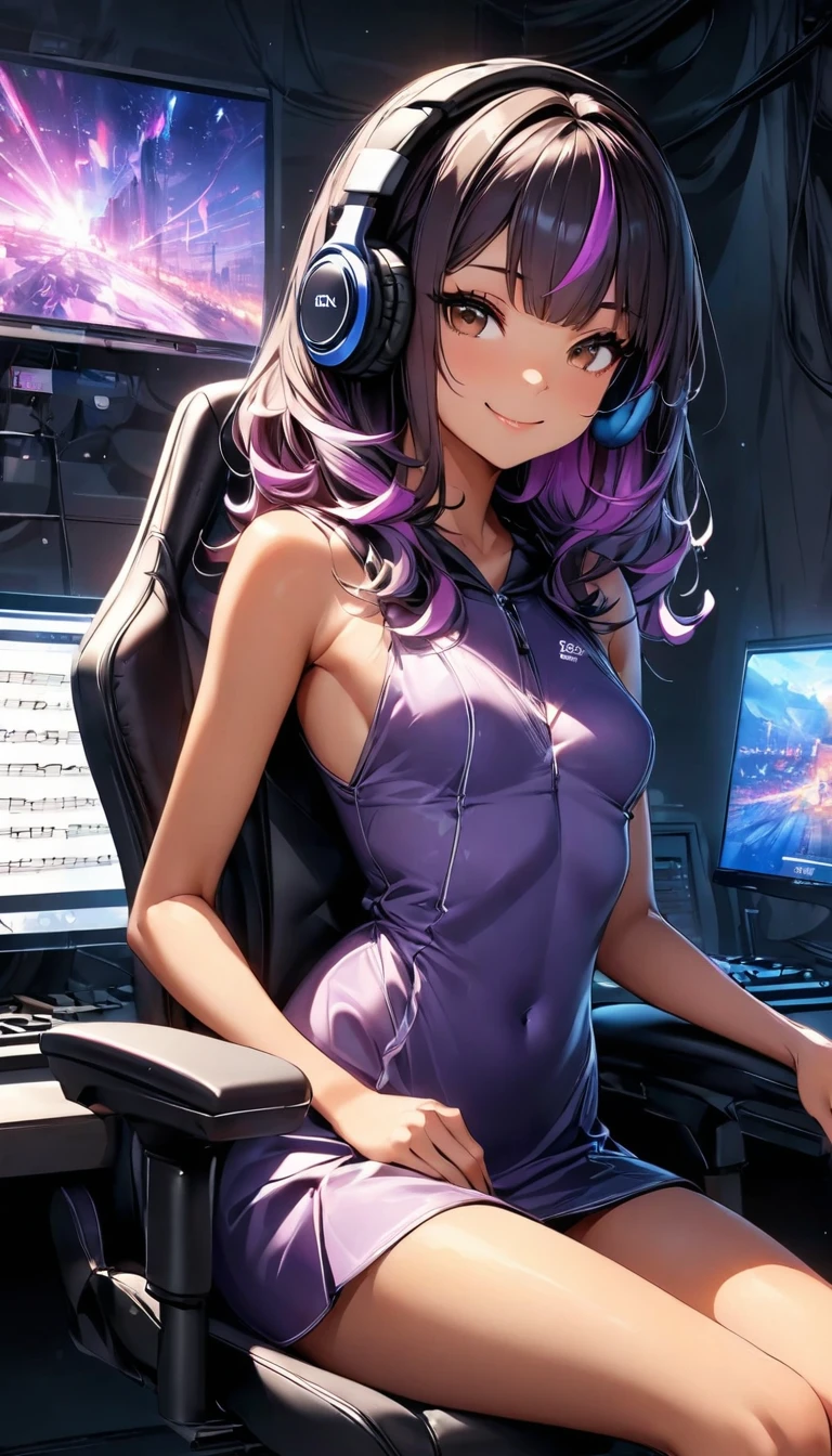 (highest quality:1.2, Very detailed, up to date, Vibrant, Ultra-high resolution, High Contrast, masterpiece:1.2, highest quality, Best aesthetics), Portraiture、girl, 25-years-old, Bright colors、Beautiful fine details、Beautiful lip detail, long hair、black and purple ((streaked hair:1.6)), highlights hair: 1.5, brown eyes, ((slim body:1.4)), (small breast:0.7), (dark skin:0.5), purple mini dress, ((wear headphone:1)), music composer, playing music keyboard on the desk, sitting gaming chair, smile:1, side shot, (cowboy shot:1.1), (PC Displays on the side), upper body:1