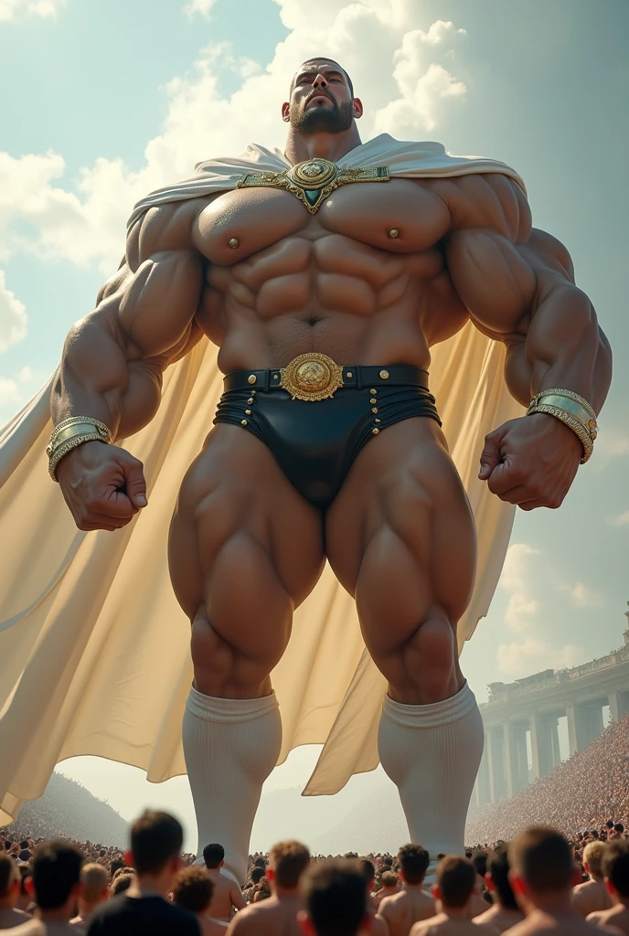 He has enormous muscles, muscles so big they make his head look small compared to his body. The muscles of his shoulders are so big and inflated that they seem to surround his head and make it look small. His legs are more muscular and enormous, They are twice as long as those of a normal body, and these are three times larger and more muscular., His thighs look especially more developed and inflated with muscles which he wears a pair of extra-long white Nike football stockings that he wears stretched up to his knees and white Nike Air Max 97s.. The stockings should be very long and should be super stretched so that all the muscles in the god's legs vibrate.. He has short hair and white eyes He is standing with his legs together and striking a double bicep pose. The white stockings must be super stretched to cover the entirety of his leg and thigh muscles. He wears short black leather briefs decorated with gold studs at the waist and a tight, shiny, long-sleeved leather shirt with gold detailing on the collar and sleeves. He wears a long flowing white cloak.. He is levitating above a crowd of people who are super small and whom he crushes with his feet.. The power of God surrounds him in the form of an aura that makes him appear imposing..