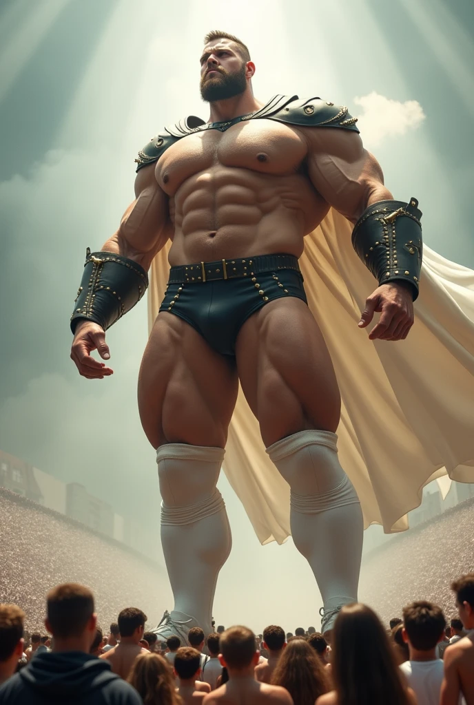He has enormous muscles, muscles so big they make his head look small compared to his body. The muscles of his shoulders are so big and inflated that they seem to surround his head and make it look small. His legs are more muscular and enormous, They are twice as long as those of a normal body, and these are three times larger and more muscular., His thighs look especially more developed and inflated with muscles which he wears a pair of extra-long white Nike football stockings that he wears stretched up to his knees and white Nike Air Max 97s.. The stockings should be very long and should be super stretched so that all the muscles in the god's legs vibrate.. He has short hair and white eyes He is standing with his legs together and striking a double bicep pose. The white stockings must be super stretched to cover the entirety of his leg and thigh muscles. He wears short black leather briefs decorated with gold studs at the waist and a tight, shiny, long-sleeved leather shirt with gold detailing on the collar and sleeves. He wears a long flowing white cloak.. He is levitating above a crowd of people who are super small and whom he crushes with his feet.. The power of God surrounds him in the form of an aura that makes him appear imposing..