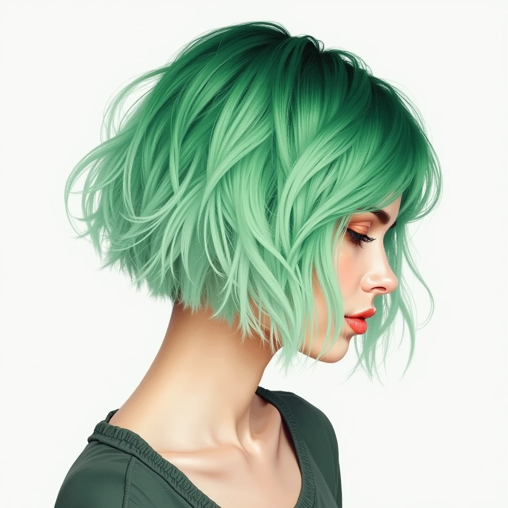 Hair green gradient　Shortcuts　Watercolor　woman