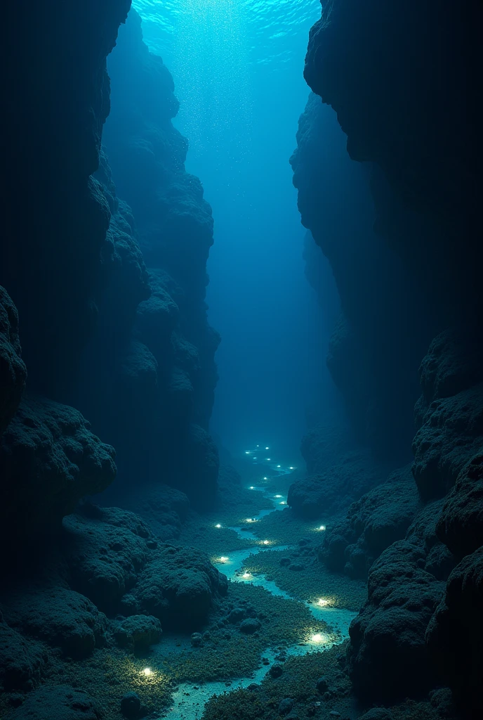 The camera dives deeper into the ocean, where it’s almost pitch black, except for the occasional glimmer from bioluminescent creatures.