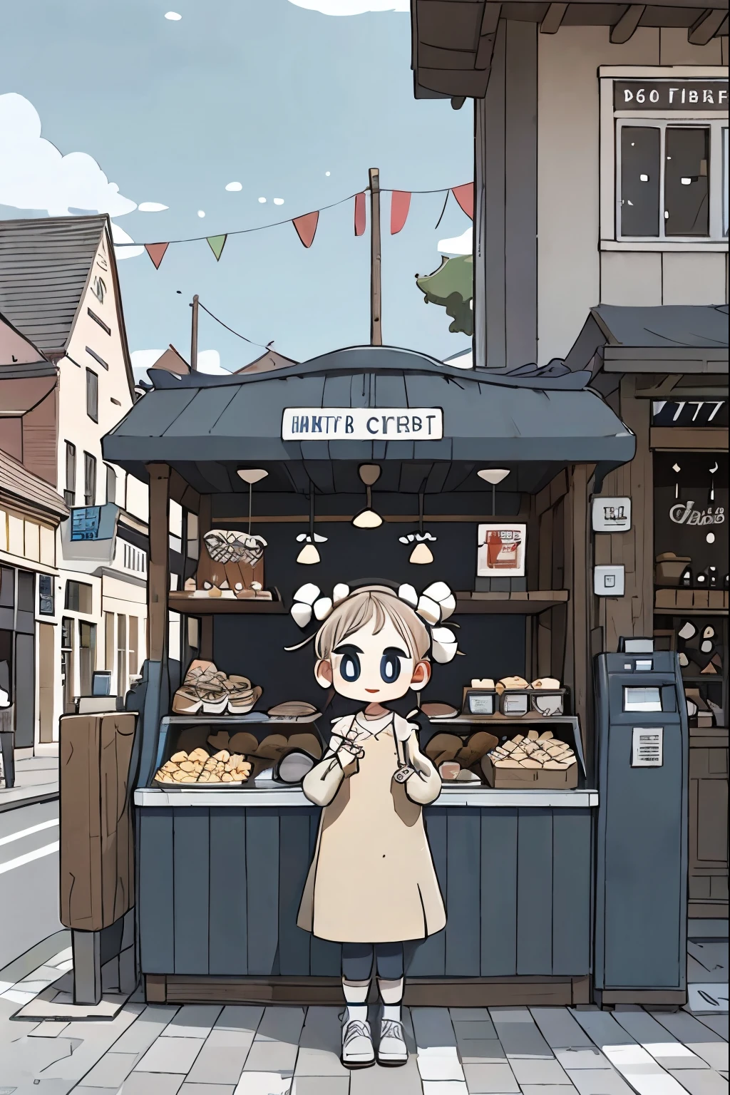 #Quality(8k,best quality,masterpiece,cinematic),solo, #1 girl(cute, kawaii,,blown hair,blue eyes,big eyes,smile,selling food),#background(outside,town,street,kiosk)