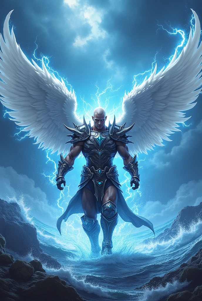 Cartoon of energetic muscular warrior with long white wings at center of image, wearing an heavy armor , surrounded buy circular blue and white electricity, full body visible at the center of image, 10 percent border of the image match with warrior armour, background is blue with stormy clouds at the top and ocean at the bottom.