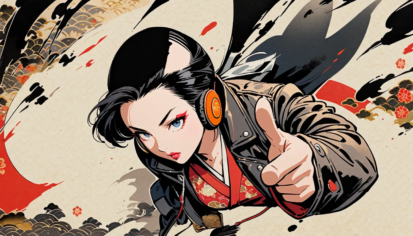 (((Ink Painting))), (((from above))), (((1 female))), (((Leather jacket with Japanese patterns))), (((Mohawk))), (((Very flashy makeup))), (((Finger guns))), Japanese style headphones, face close-up, front view, Japan人の美少女, Black Hair, Delicate and precise, Modern ukiyo-e style,Japan, Droopy eyes, round face, Glare, Fuller lips, vivid color