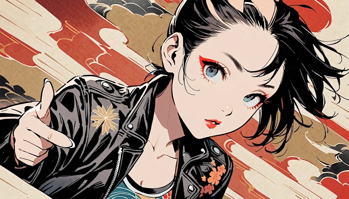 (((Ink Painting))), (((from above))), (((1 female))), (((Leather jacket with Japanese patterns))), (((Mohawk))), (((Very flashy makeup))), (((Finger guns))), Japanese style headphones, face close-up, front view, Japan人の美少女, Black Hair, Delicate and precise, Modern ukiyo-e style,Japan, Droopy eyes, round face, Glare, Fuller lips, vivid color
