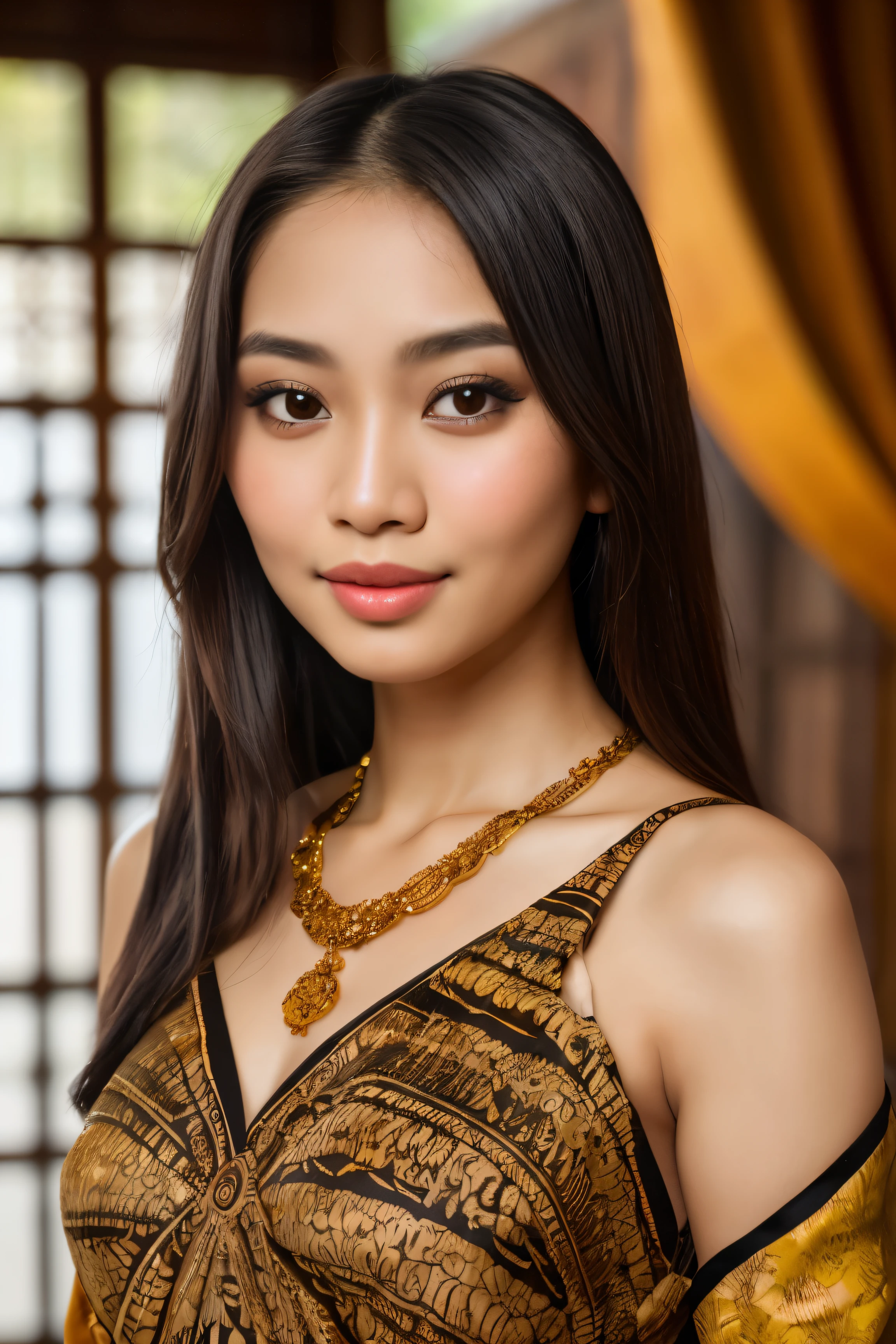 Indonesian woman, age 28, Solo, Long black hair with a few highlights, Bare shoulders, Brown eyes with a hint of golden sparkle, jewely, Full body, a traditional batik necklace, off shoulders, Batik silk dress, ultra realistic, Stunningly beautiful face with high cheekbones and full lips, ultra resolution photography, capturing every detail of her flawless skin and the intricate patterns of the batik dress, focused on her mesmerizing eyes, photorealistic portrait, award-winning work by renowned Indonesian photographer Agung Suwanda, Nikon D850 film stock photograph, shot with a Sigma ART 85mm f1.