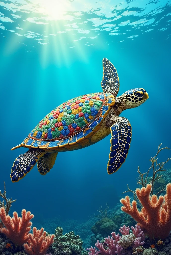 The idea of integrating garbage into the body of marine animals, as if it were part of them, creates a powerful visual metaphor for ocean pollution.
Create a turtle where the shell is made of plastic bottle caps of different colors and sizes, fitting as if they were a natural part of your body.