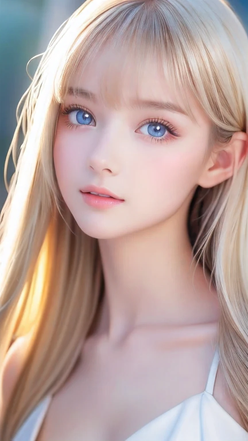 Incredibly bright, white, glossy, beautiful skin、Blonde hair color that changes with reflected light、Bangs between the eyes blocking the view、Glossy highlight on cheeks、sexy, very beautiful, lovely, cute, gorgeous face、The most beautiful face in the world、15-year-old beautiful girl、Super long blonde hair、smooth, straight hair、Big Breasts, Large, bright, azure eyes that sparkle、Beautiful bangs、Small Face Beauty、beautiful round face、Very beautiful appearance、Very pure white girl
