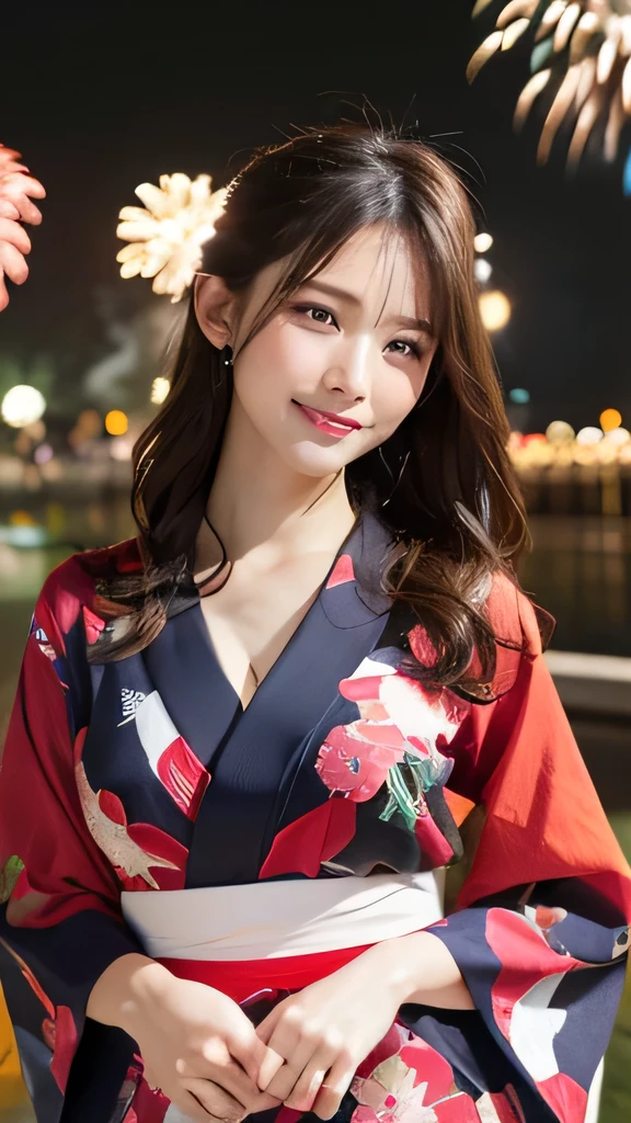 original, (masterpiece), (figure), (Beautiful and vivid background:1.25), (Depth of written boundary:0.7), Highest quality, shape, Very detailed, High resolution, 8k wallpaper, Perfect dynamic composition, Ultra detailed face, Natural Lip , Cleavage, (The eyelashes on both eyes are equal and beautiful.), (looking at the camera), (smile), (Japanese style, Fireworks venue), (Cute Yukata, yukata)