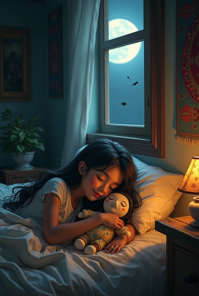 Ayesha a village girl is lying in bed at night, holding the doll close to her chest as she falls asleep. The room is softly lit by moonlight filtering through the window."