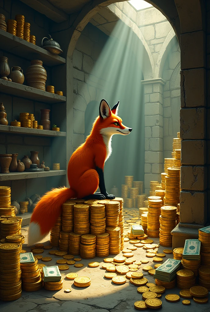 Very Cunning fox in a bunker full of money. Light realistic 