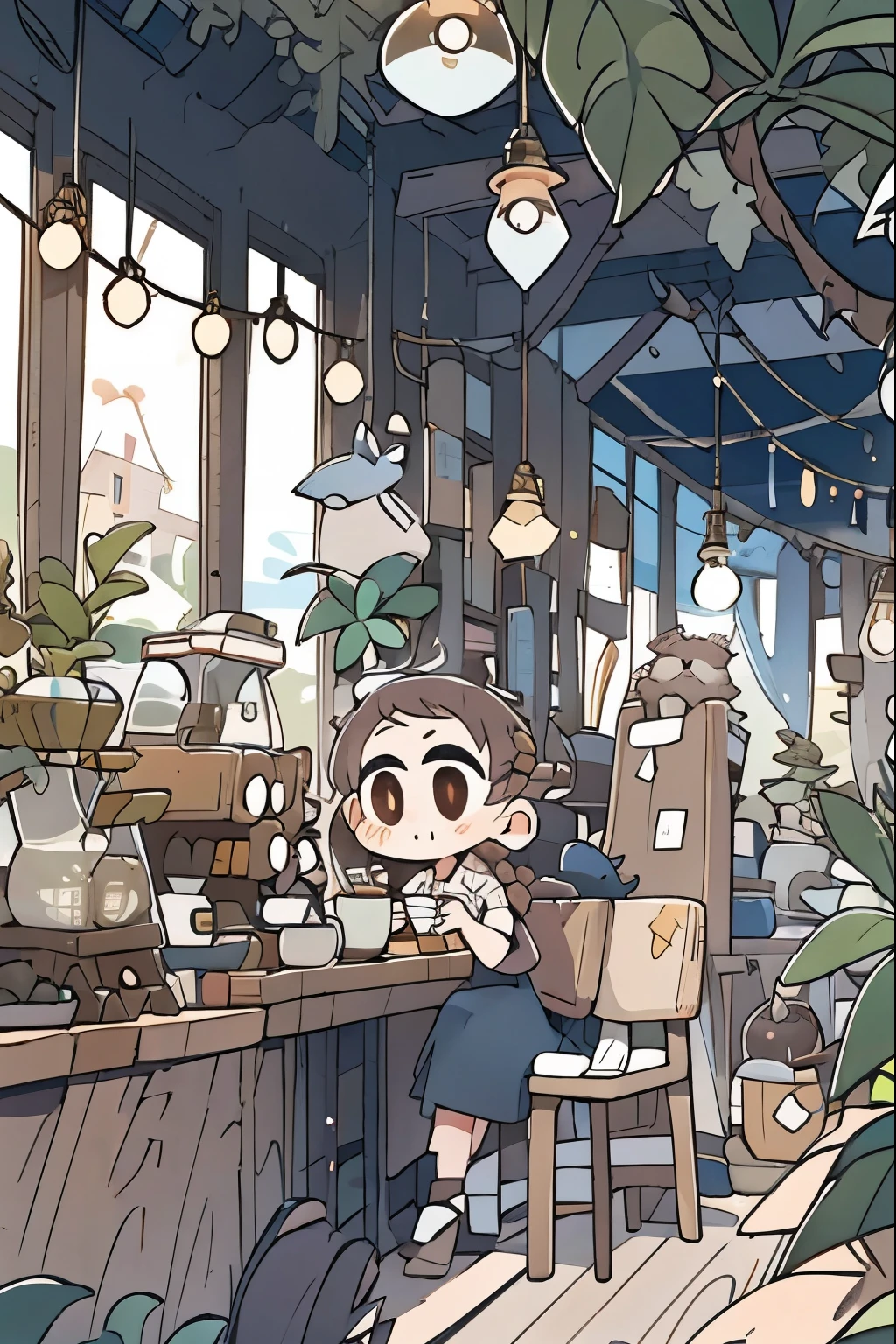 (sticker),#Quality(8k,best quality,masterpiece,cinematic),classical cafe,barista is in the counter, #1 girl(cute, kawaii,small kid,brunette hair,Braid hair,long hair,brown eyes,big eyes,drinking coffee,sitting on a chair),#background(classical cafe,dark,few little lights)