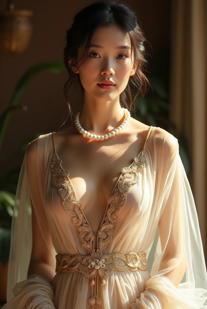 An elegant mature young woman standing nude。Full body front view、Asian、Her skin is relatively white、Luxury Clothing、Silk-like transparent lace on her clothes、Golden wire trim、Jewelry decoration、A pearl necklace hangs around her neck。Showing female genitalia。I don't wear underwear