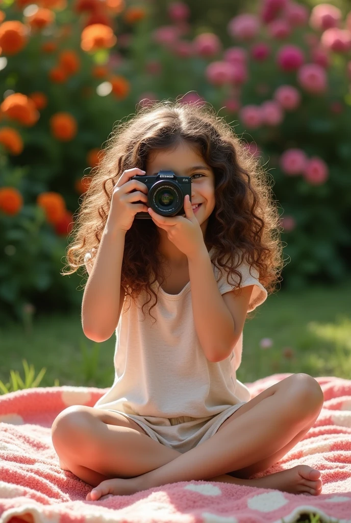 A brunette girl with curly hair and big breasts sits with her legs stretched out, taking a realistic photo