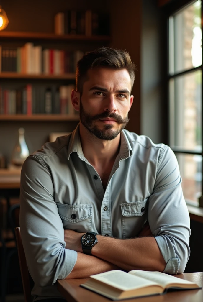 arafed man with a short beard and a shirt on posing for a picture, raphael lecoste, george doutsiopoulos, he got a big french musctache, stefano brunesci, sebastian luca, mid-shot of a hunky, alessandro bavari, riccardo federici, handsome male, marco bucci, diego fazio, simone graci, handsome man,he is in a caffe., reading book