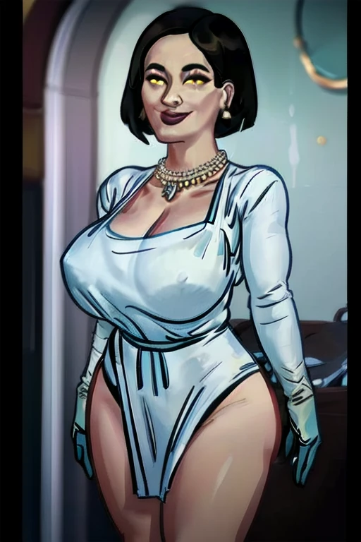 Alcina, yellow eyes,Bblack hair,shorth hair, lipstick, mature woman, make up, legs with veins, curved, white gown, ha, single earring, neckleace, Pearl necklace, black gloves, 1 girl, standing alone, front viewer, looking ahead at viewer, trunk, ssmile