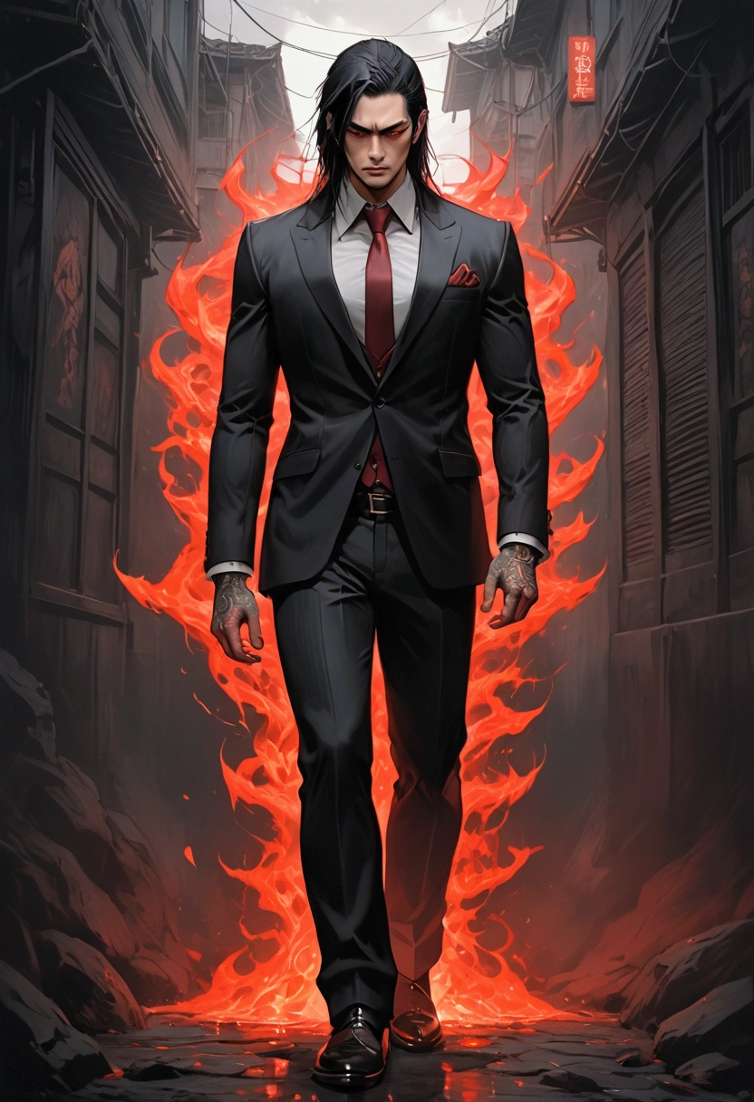 Realistic Digital Painting with Concept Art Elements"," digital painting," "concept art," "realistic," "high detail", "muscular",, "high-res", "ominous aura,", "8k resolution", "oil painting", "darker tone" , "dark saturation" ,"dark feeling", "concept art" , "detailed features" , "detailed eyes" , "1 man" , "scarred face" , "maroon red eyes" , "dangerous" , "yakuza" , "tattooed neck" , "suit" , "long black hair' , "dangerous" , "full body shot" ,