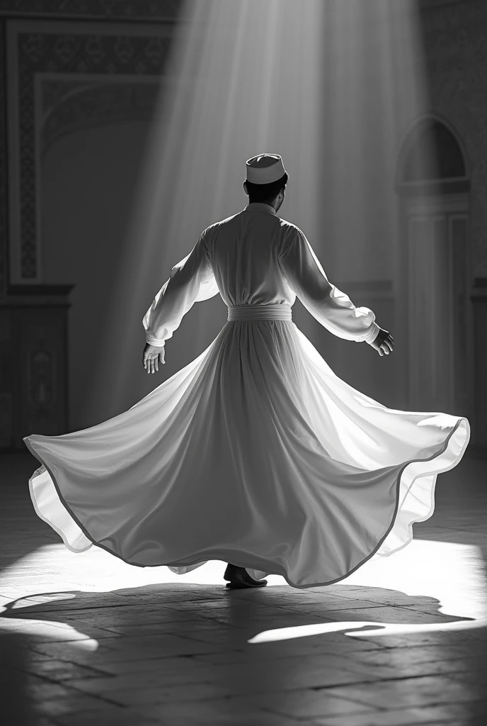 (photorealism:1.2), generate an aesthetic photo of whirling dervish dancing wearing white clothes and cap. Photo must be black and white and face must be on another direction 