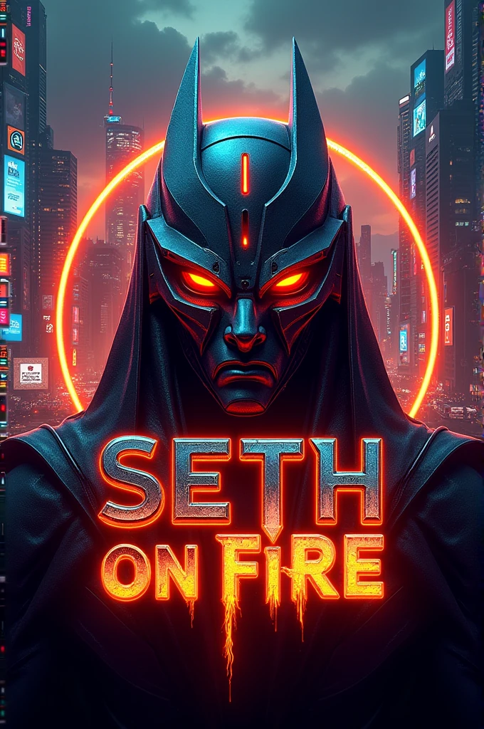 Can you suggest a logo based on the head of the Egyptian god Seth in a futuristic robotic or cyberpunk style with the word "Seth on Fire" qui est aussi au trait robotique