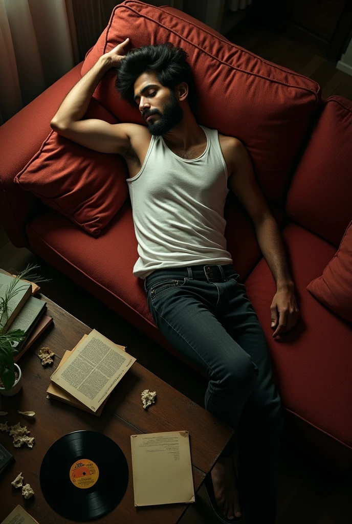 A young Indian man with beard lies on back side 
 a worn-out red sofa in a dimly lit room. His right arm is stretched over a cluttered coffee table filled with remnants of a late-night session—books, vinyl records, empty plates, and scattered notes. The scene is chaotic yet intimate, capturing a moment of exhaustion and introspection. The dim light filters through the room, casting soft shadows that blend with the mess, creating a feeling of solitude. The man, dressed in a simple white tank top and dark pants, appears lost in a deep sleep or perhaps deep in thought, disconnected from the world around him. The overhead view gives a sense of distance, as if observing from above, adding to the overall mood of quiet contemplation." Written in (background) lazy boy 

