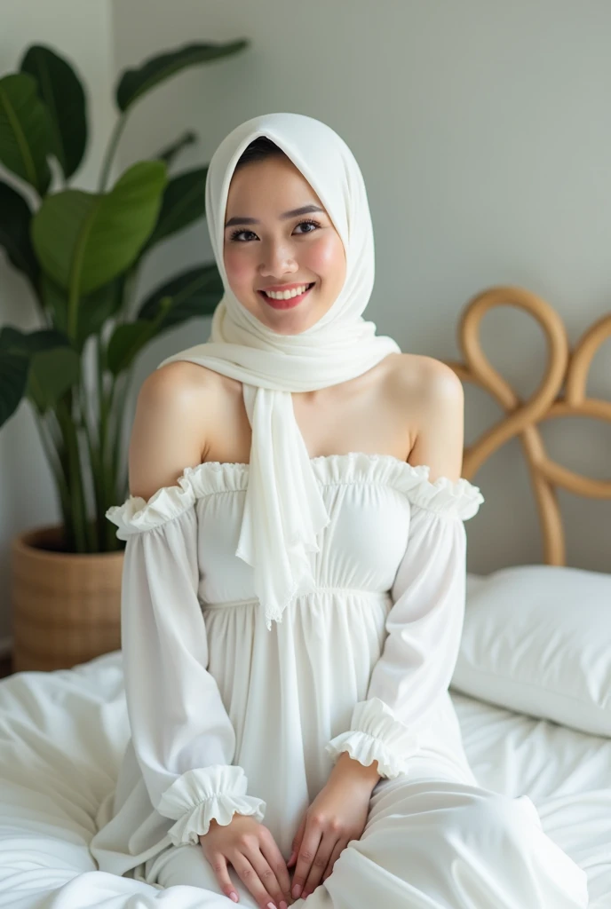(photorealism:1.2), beautiful malay woman, smiling, chubby, sitting on bed, wearing loose off-shoulders bride white short gown, wearing white hijab, sexy open beautiful legs, big breast, very big butt, indoors, plants in background, bright cozy room, sexy pose, realistic, intricate details, soft colors,