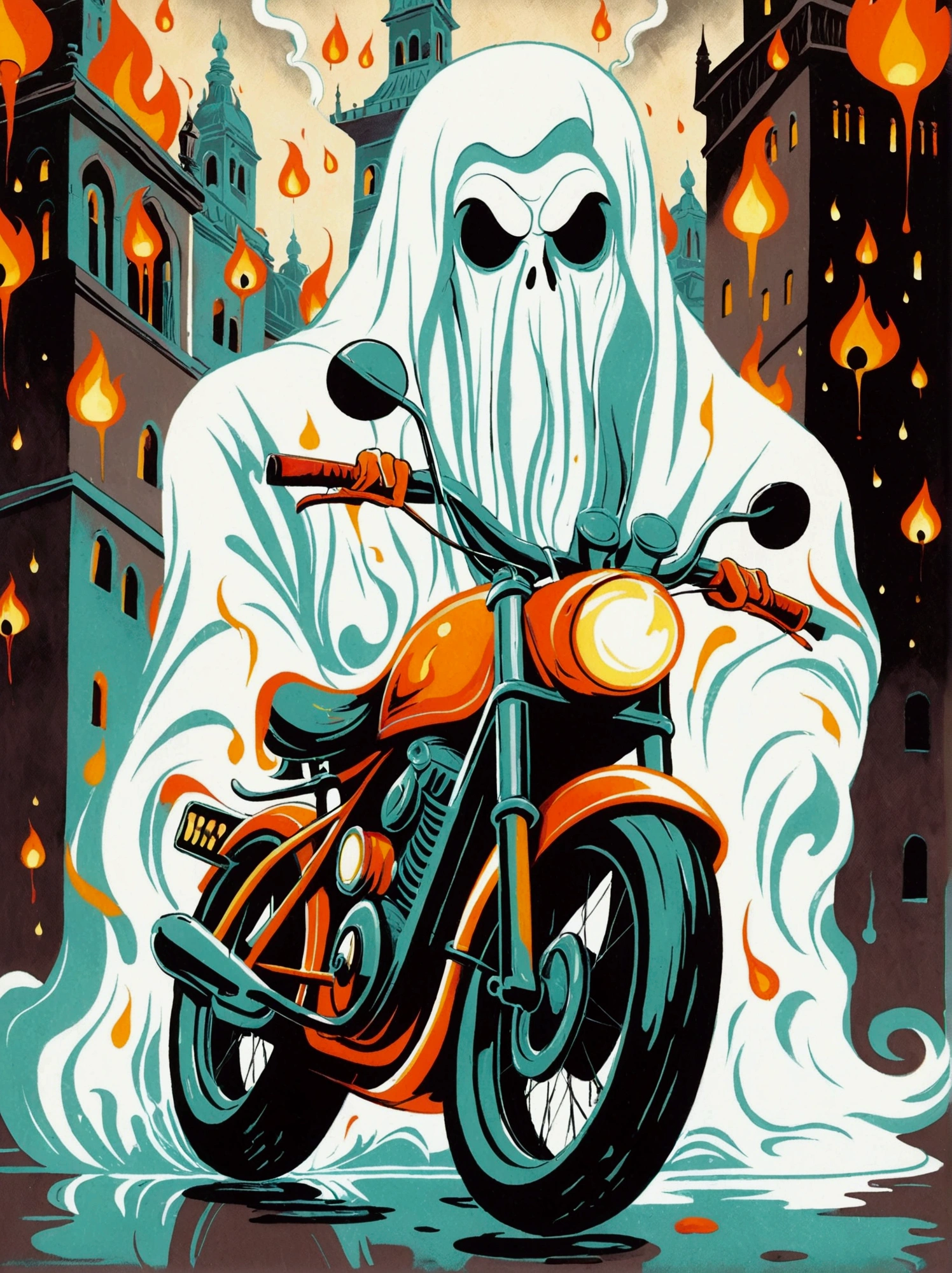 ([negative space:0.8:1.5]), A scary ghost，It embodies the essence of a courageous Riding a Bicycle，The whole body is soaked in illusory flames，Emerges from a dramatic and slightly eerie Indian backdrop，Ethnic motifs、Symbols and Indian architectural elements should be clearly visible in the scene，It subtly hints at the geographical origins of the ghostly Riding a Bicycle，The figure is wearing a worn leather jacket，Wearing a spiked helmet，Straddling a heavily modified Riding a Bicycle，This Riding a Bicycle appears to be engulfed in the same ghostly flames, The overall image should convey a supernatural feeling，Contrasting with an undeniable love for the exuberant Riding a Bicycle adventures，colorful cartoon-style illustration from an award winning animated movie, illustrated in bold outlines, showcasing its colors and shapes, The character is depicted adorned colorful energy against a white background, [mythical creature:0.8]