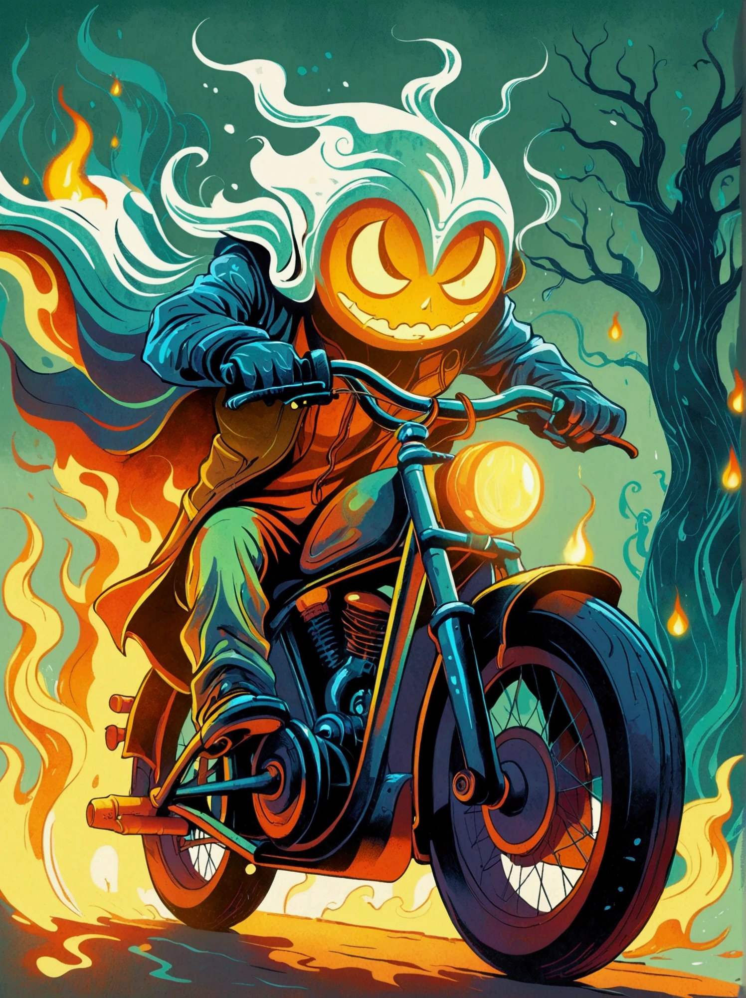 ([negative space:0.8:1.5]), A scary ghost，It embodies the essence of a courageous Riding a Bicycle，The whole body is soaked in illusory flames，Emerges from a dramatic and slightly eerie Indian backdrop，Ethnic motifs、Symbols and Indian architectural elements should be clearly visible in the scene，It subtly hints at the geographical origins of the ghostly Riding a Bicycle，The figure is wearing a worn leather jacket，Wearing a spiked helmet，Straddling a heavily modified Riding a Bicycle，This Riding a Bicycle appears to be engulfed in the same ghostly flames, The overall image should convey a supernatural feeling，Contrasting with an undeniable love for the exuberant Riding a Bicycle adventures，colorful cartoon-style illustration from an award winning animated movie, illustrated in bold outlines, showcasing its colors and shapes, The character is depicted adorned colorful energy against a white background, [mythical creature:0.8]