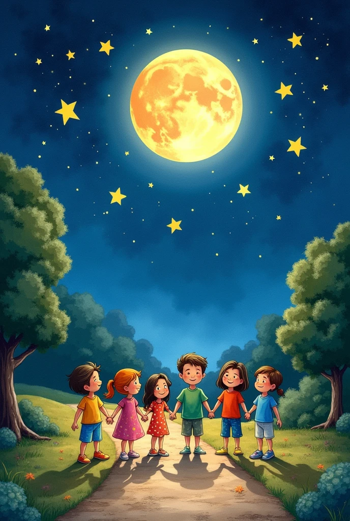 Ten little stars are lighting our way,
The moon is ahead, we’re ready to play,