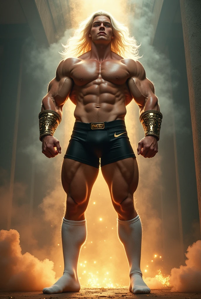 age god with blonde hair and white skin, This god has enormous muscles, muscles so big they make his head look small compared to his body. The muscles of his shoulders are so big and inflated that they seem to surround his head and make it look small. His legs are more muscular and enormous, They are twice as long as those of a normal body, and these are three times larger and more muscular., His thighs look especially more developed and inflated with muscles that he wears a pair of extra-long white Nike football socks that he wears stretched up to above his knees and some white Nike Air Max 97s.. The stockings must be very long and must be super stretched so that all the muscles in the god's legs vibrate.. He has short hair and white eyes He is standing with his legs together and doing a double bicep pose. The white stockings must be super stretched to cover the entirety of his leg and thigh muscles. He is wearing short black leather boxer shorts decorated with gold studs at the waist and a tight, shiny leather long-sleeved shirt with gold details on the collar and sleeves..