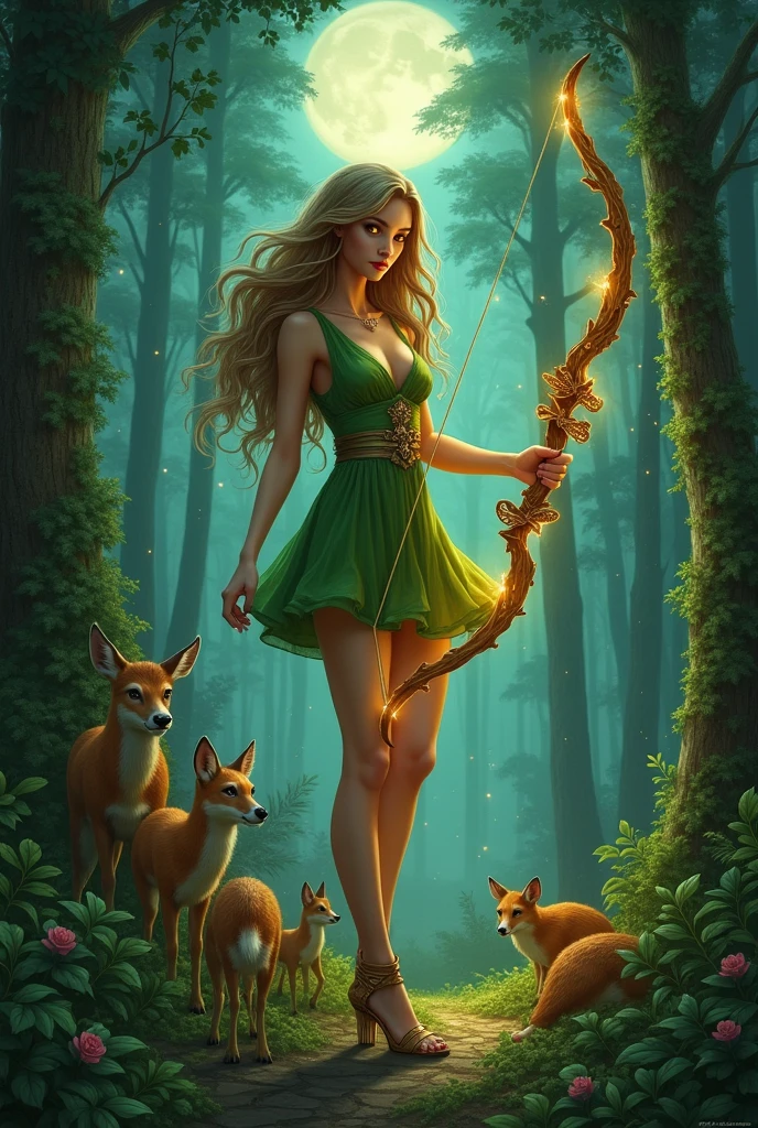 The goddess of the forest, with long wavy hair paired with her yellow eyes and her short green dress, she is holding an a glowing archery stick bow in her hands, and tanned even skin, with an animal’s around her wearing a heels made of tree branches  animals around her in the middle of the night 