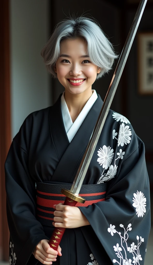 Wearing a black and white yukata and holding a sword、Beautiful Korean woman with short grey hair. Standing front、smile、Beauty、Surrealism style. Color mid shot. Dramatic Light.