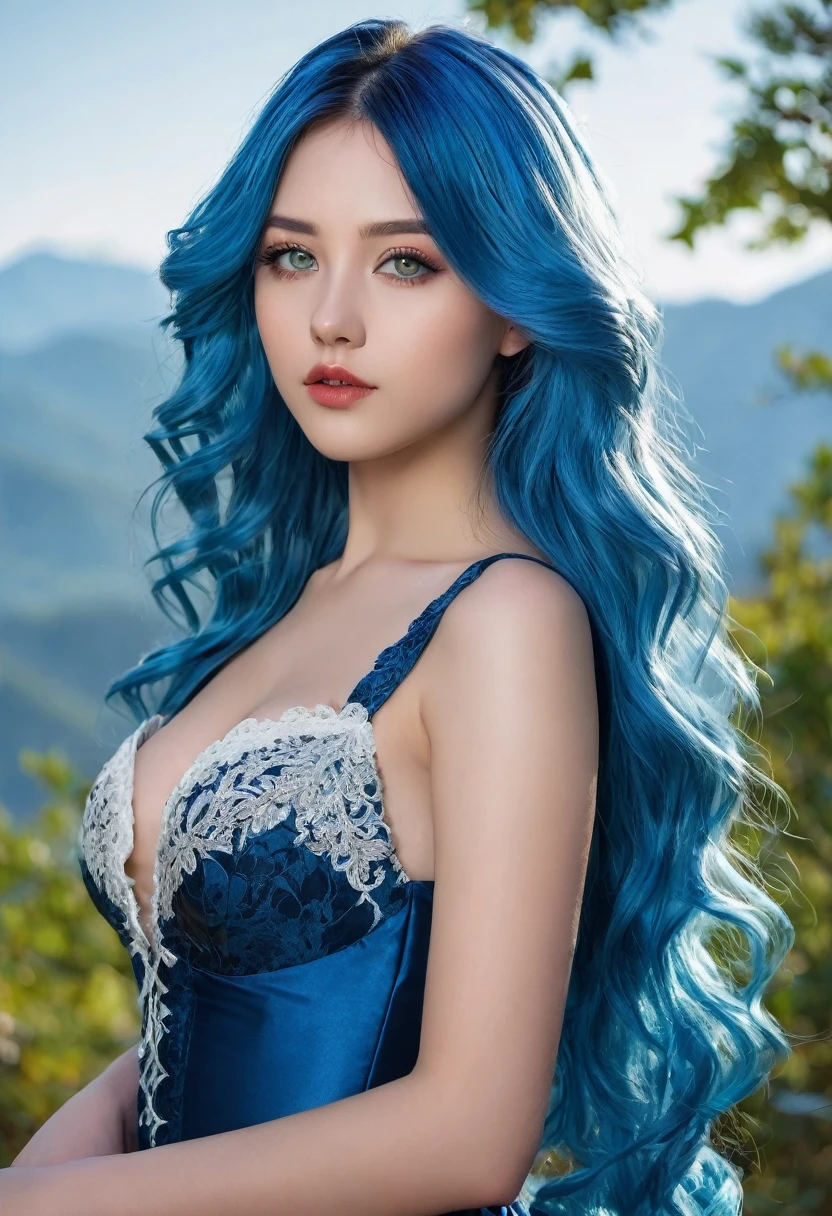 20 years old young girl with blue and white hair , long flowing blue hair, very long wavy azure blue hair, long blue hair, beautiful woman with blue hair, flowing blue hair, beautiful blue haired girl, pretty girl with blue hair, long azure blue hair, blue long hair, very long blue hair, girl with blue hair, blue hairstyle,, tall,height 180 cm, weight 45 kg, beautiful, athletic figure, medium round breasts , green eyes,(best quality, 4k, 8k, high definition), ultra detail, detailed face and facial features, beautiful detailed eyes, beautiful detailed lips, extremely detailed eyes and face, long eyelashes, graceful triangular face, classic lip shape, small graceful nose, super realistic
She is dressed in a sexy anime-style outfit. The outfit consists of a rich ruby red, satin dress with silver lace detailing creating an intricate and sensual pattern across the bodice. The dress features a high-cut skirt with a plunging neckline and a small ruby bow at the waist. She pairs it with matching red thigh-high stockings and silver stilettos.
She stands with her back slightly arched, one hand resting on the oak tree and the other at her side. The morning sun highlights the vivid colors and luxurious textures of her outfit, while the majestic mountains provide a stunning backdrop.