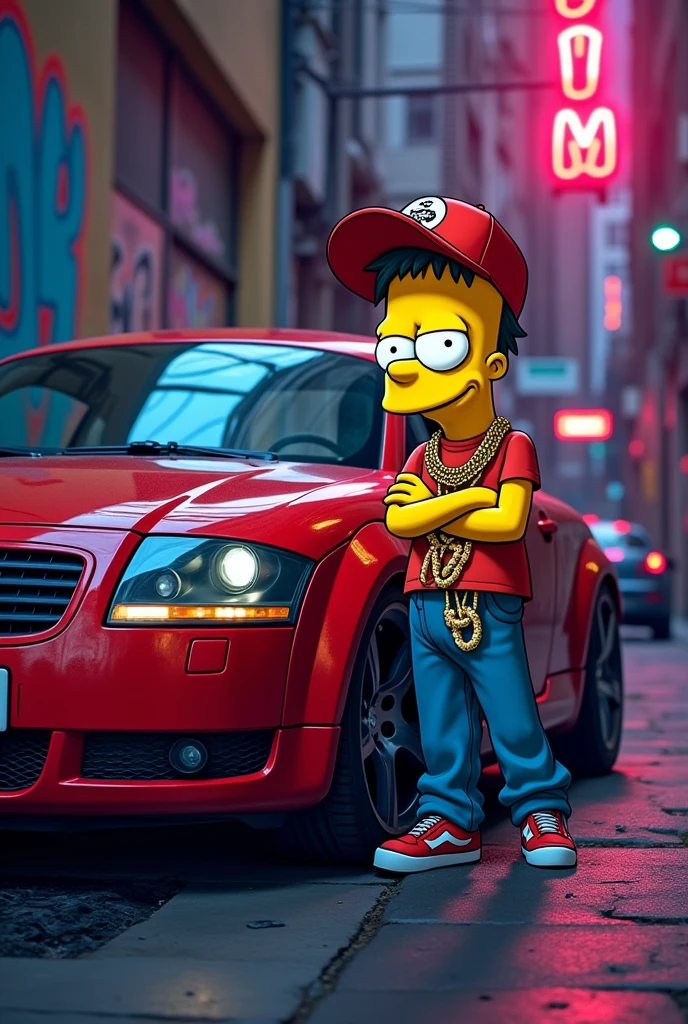 Generate an image of Bart Simpson with an Audi TT mk2 2008 in a gangster mood, make it look real detailed