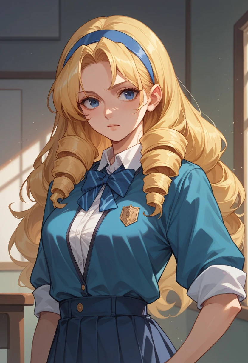 cecilia alcott, long hair, blue eyes, blonde hair, hairband, drill hair, blue hairband,(best quality,master details), school uniform, bomber breasts,