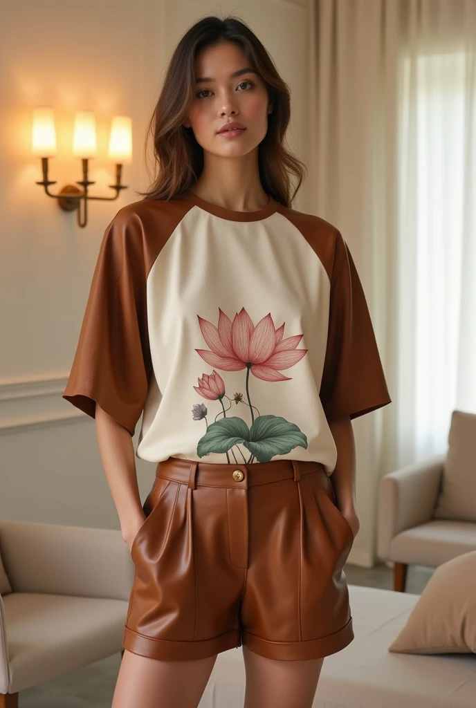 Image 8: Model wearing a light beige T-shirt with brown sleeves and a lotus leaf print on the body. Brown leather shorts. Luxurious elegant style. Background with rice white walls, chairs, lamps