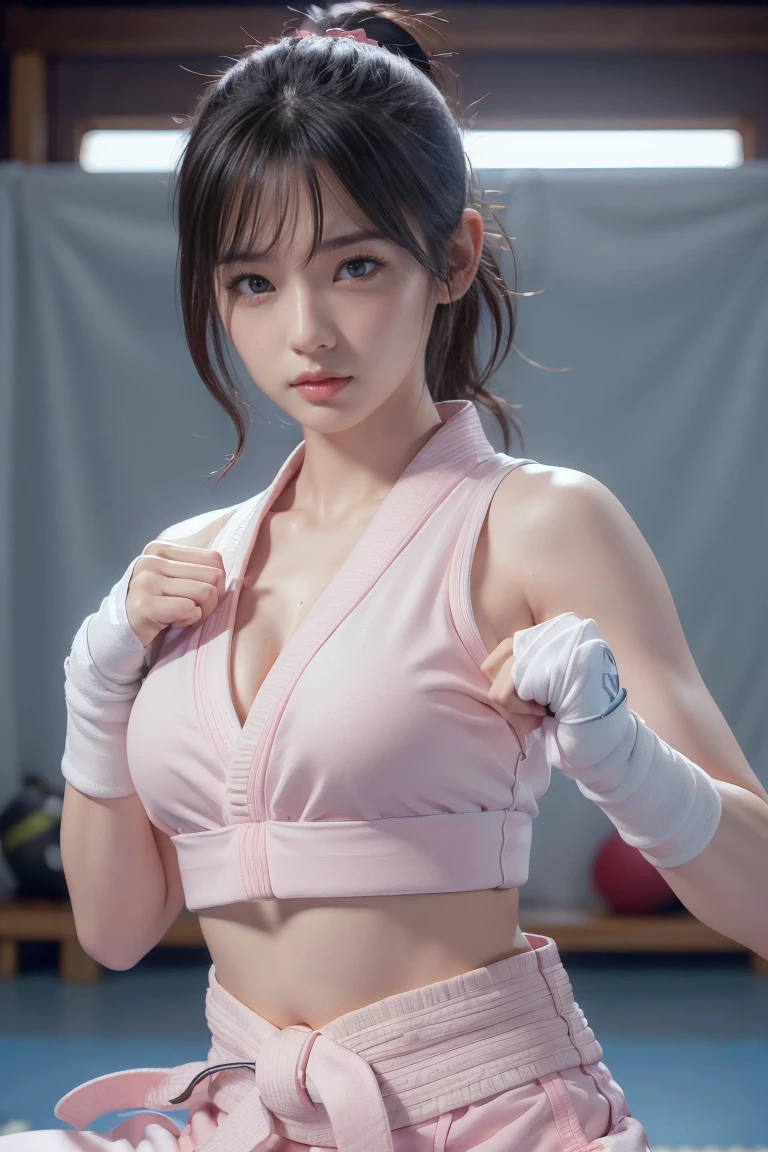 (I can see a sports bra)、(((Sexy pink karate uniform)))、Female karateka with bangs and ponytail、Belly button and lower chest are visible、shiny skin、((Shy face))、((Turn your face away))、((look to the side))、((Blushed))、(tearful eyes)、cry、(((Karate dojo)))、((Exquisite picture))，(Masterpiece detailed RAW photo:1.25), (best quality:1.6), (Ultra-high resolution:1.5), (actual:1.75), 8K resolution, Canon EOS R5, 50 mm, absurd, Super detailed,movie lighting、((Sports underwear is clearly visible))、(((Pants are taken off)))、