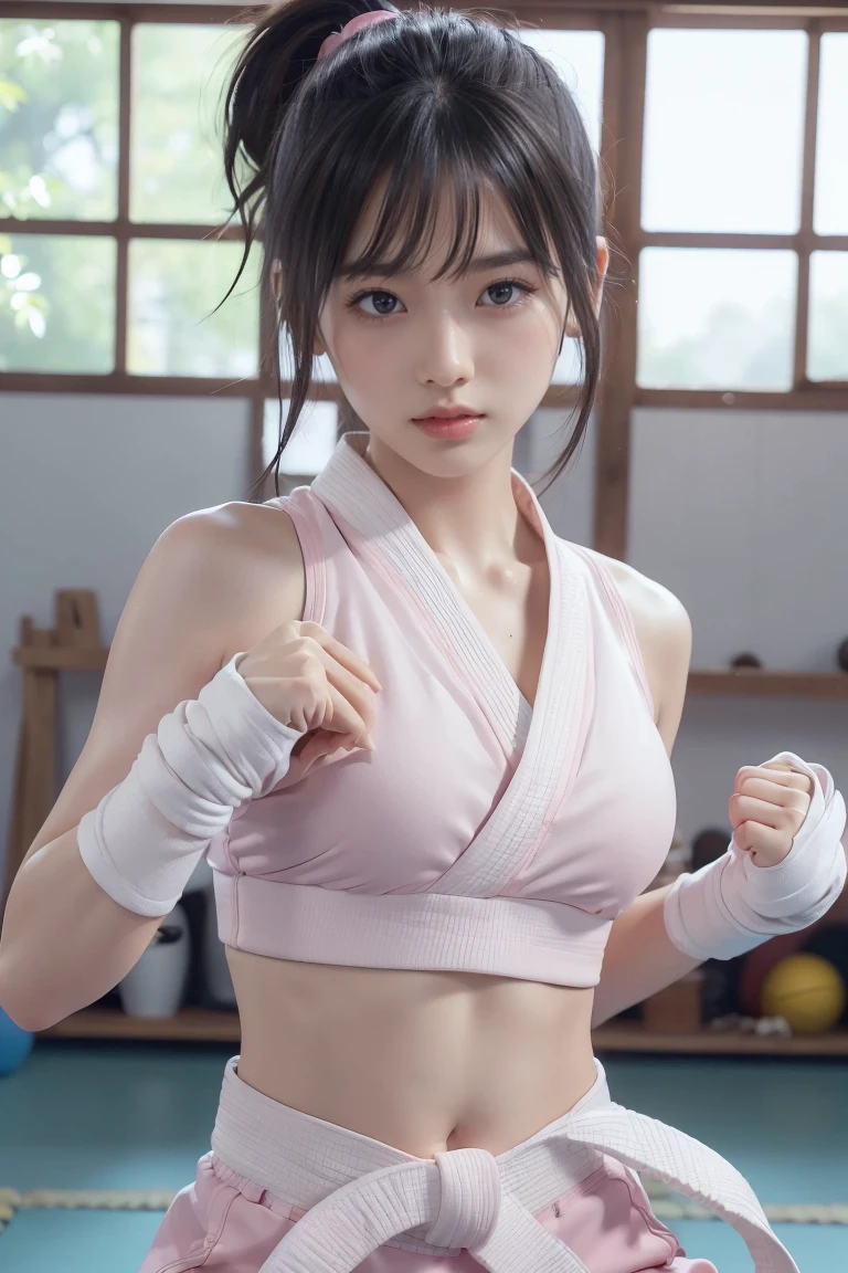 (I can see a sports bra)、(((Sexy pink karate uniform)))、Female karateka with bangs and ponytail、Belly button and lower chest are visible、shiny skin、((Shy face))、((Turn your face away))、((look to the side))、((Blushed))、(tearful eyes)、cry、(((Karate dojo)))、((Exquisite picture))，(Masterpiece detailed RAW photo:1.25), (best quality:1.6), (Ultra-high resolution:1.5), (actual:1.75), 8K resolution, Canon EOS R5, 50 mm, absurd, Super detailed,movie lighting、((Sports underwear is clearly visible))、(((Pants are taken off)))、