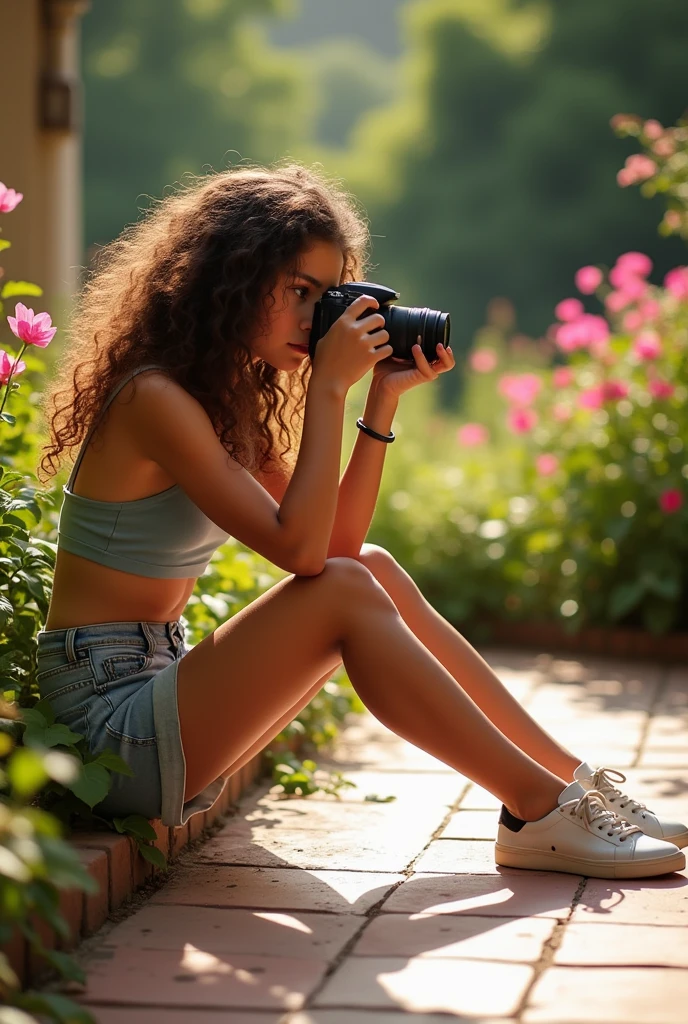 A brunette girl with curly hair and big breasts sits with her legs stretched out, taking a realistic photo